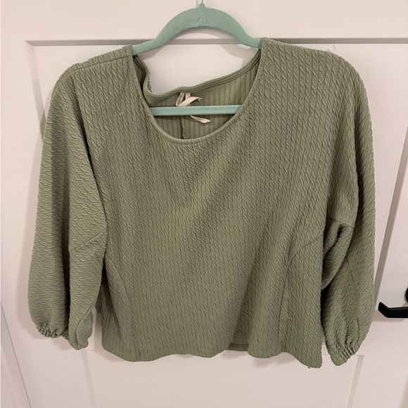 Anthropologie Tops - Anthropologie Textured Crop Top Sage Green Balloon Sleeve Stretch Blouse Size LP